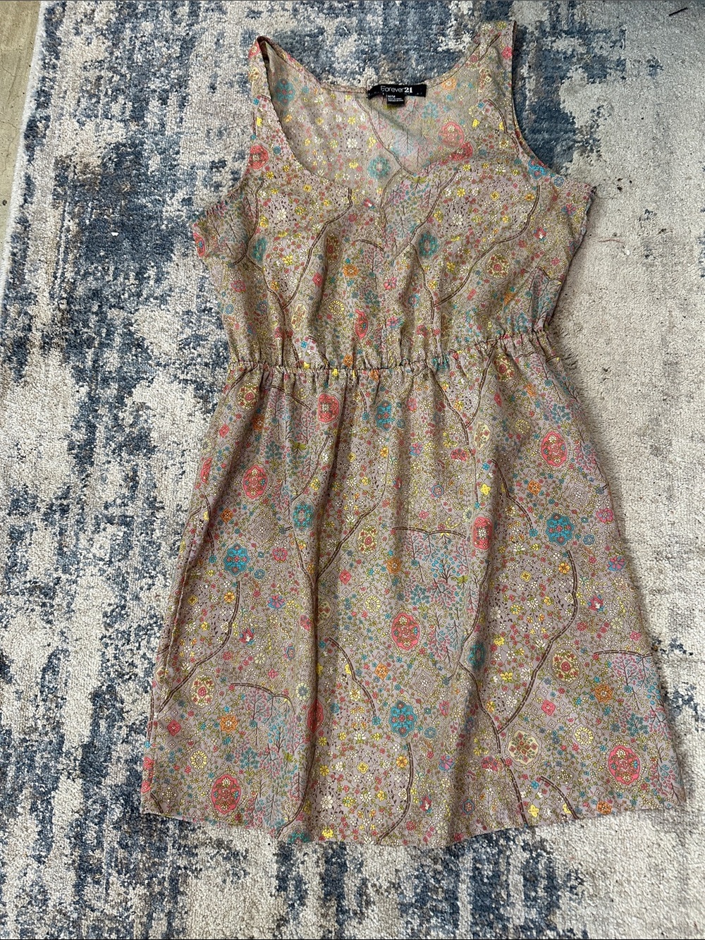 Forever 21 Beige Floral Paisley Sleeveless Dress with Pink & Turquoise Accents